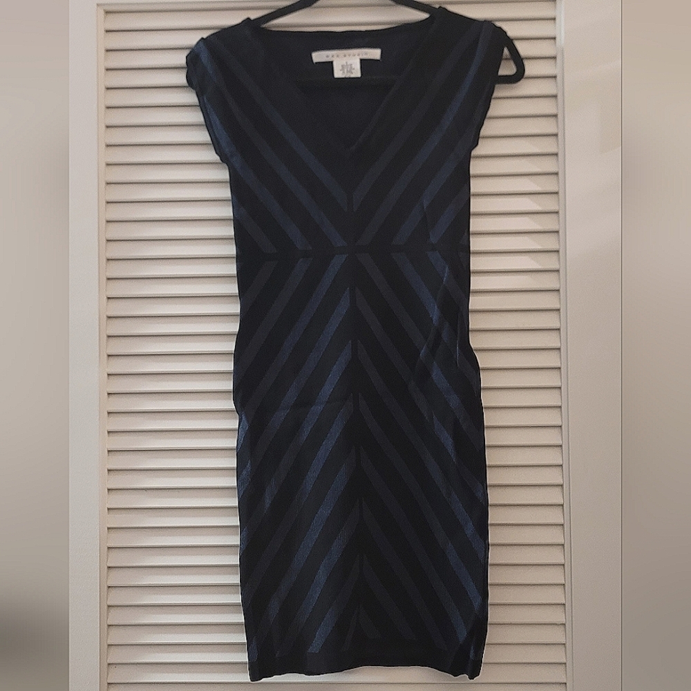 Max Studio- Black & Navy Striped Sleeveless V-Neck Dress
